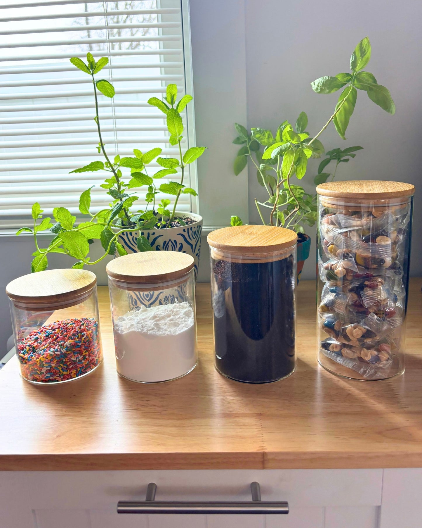 4 Piece Glass Jar Bamboo Storage Set