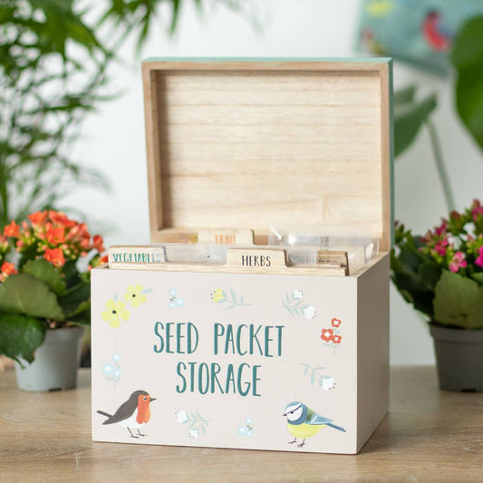 Hand-Painted Wooden Seed Storage Box – British Garden Birds Design